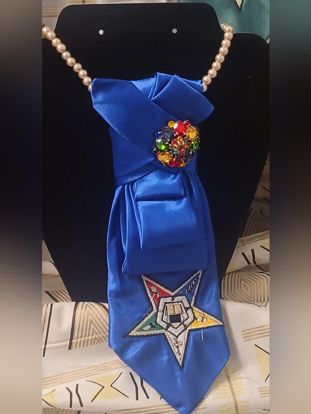 Royal Blue Satin Statement Tie with Multicolored Jewel Brooch